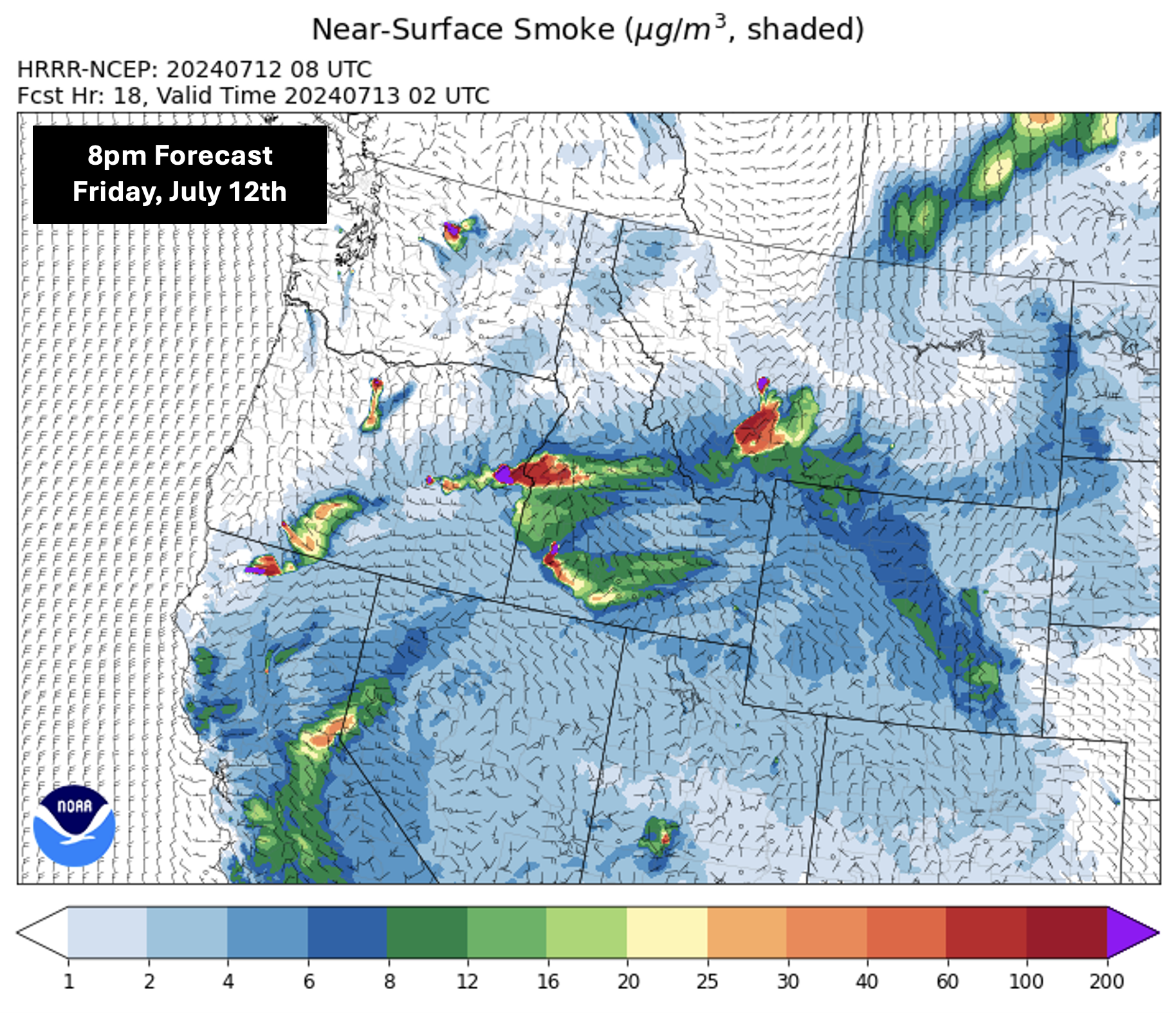 HRRR model 8pm Forecast of near-surface smoke. Smoke will continue to be concentrated in the Southwest and South-Central parts of the state.